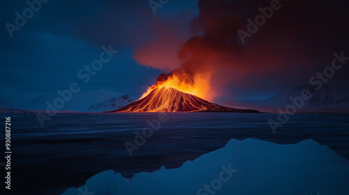 Volcanic Eruption Against a Dark Sky.