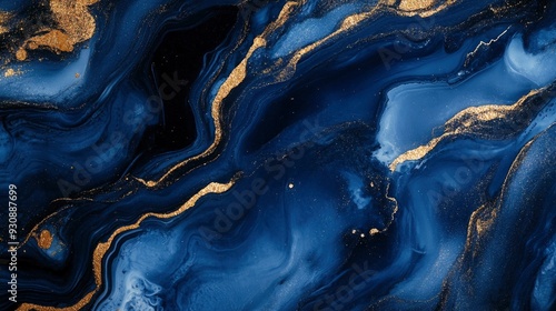 Luxurious navy blue ink marble-like abstract texture with golden dust and agate stone swirls and veins. High quality photo , ai photo