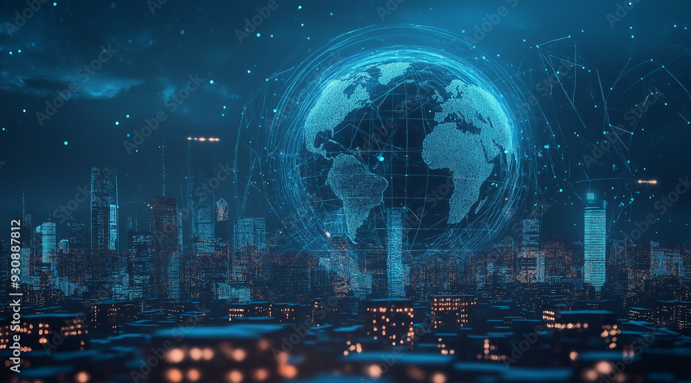 A digital globe hovers above a futuristic cityscape, illuminated by glowing lines and dots, representing global connectivity and technological advancement. A digital globe hovers above a futuristic cityscape, illuminated by glowing lines and dots, representing global connectivity and technological advancement.