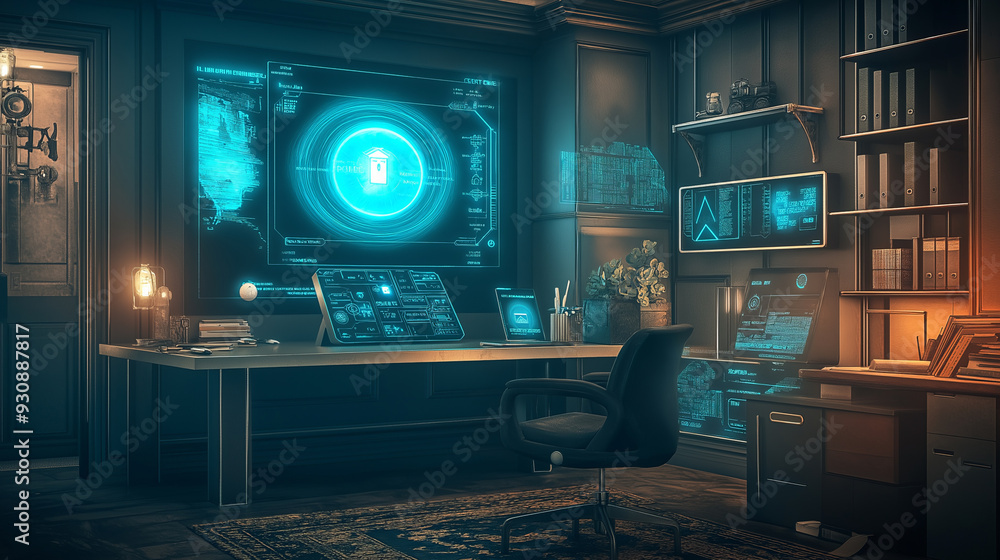 Modern office interior with futuristic tech and a swivel chair. Modern office interior with futuristic tech and a swivel chair.