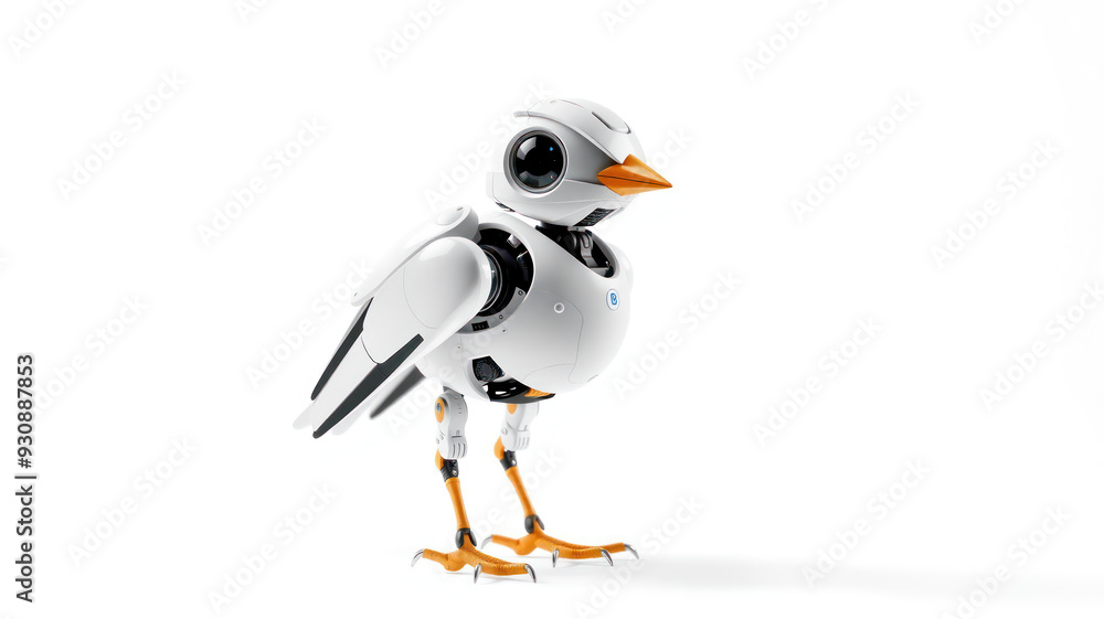 Fototapeta premium futuristic design, mechanical bird, A cute robot bird standing on a white background. 