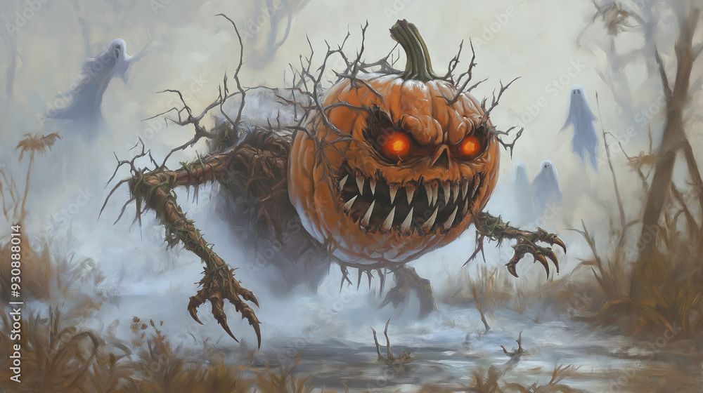 Obraz premium Frightening pumpkin monster stalks through misty forest.