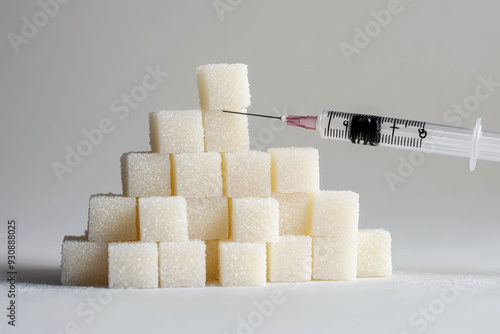 Insulin syringe piercing sugar cubes pyramid, symbolizing diabetes control. photo