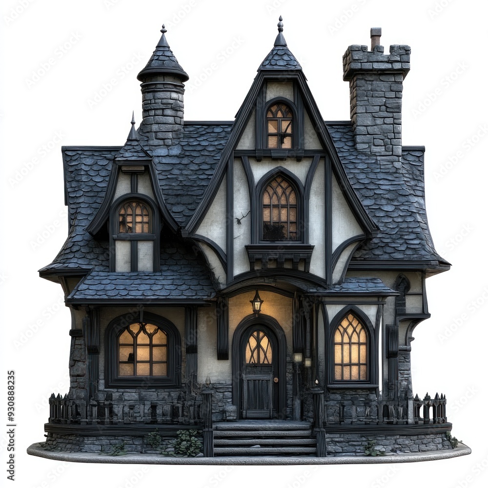 Fototapeta premium A large, old house with a black roof and a chimney. The house is surrounded by a stone fence and has a lot of windows