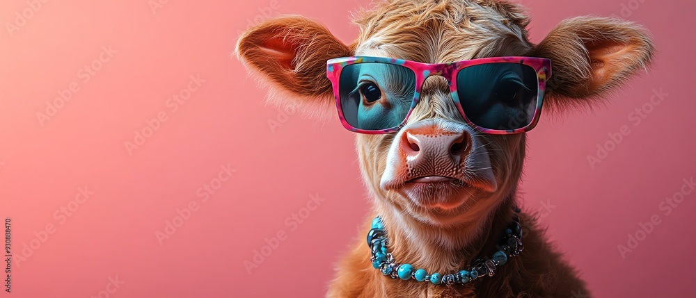 A cool cow wearing colorful sunglasses and a necklace, posing against a bright pink background A cool cow wearing colorful sunglasses and a necklace, posing against a bright pink background
