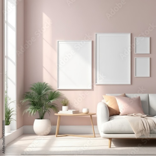 Mockup plain white frame in interior background, room with light pastel colors, 3d rendering