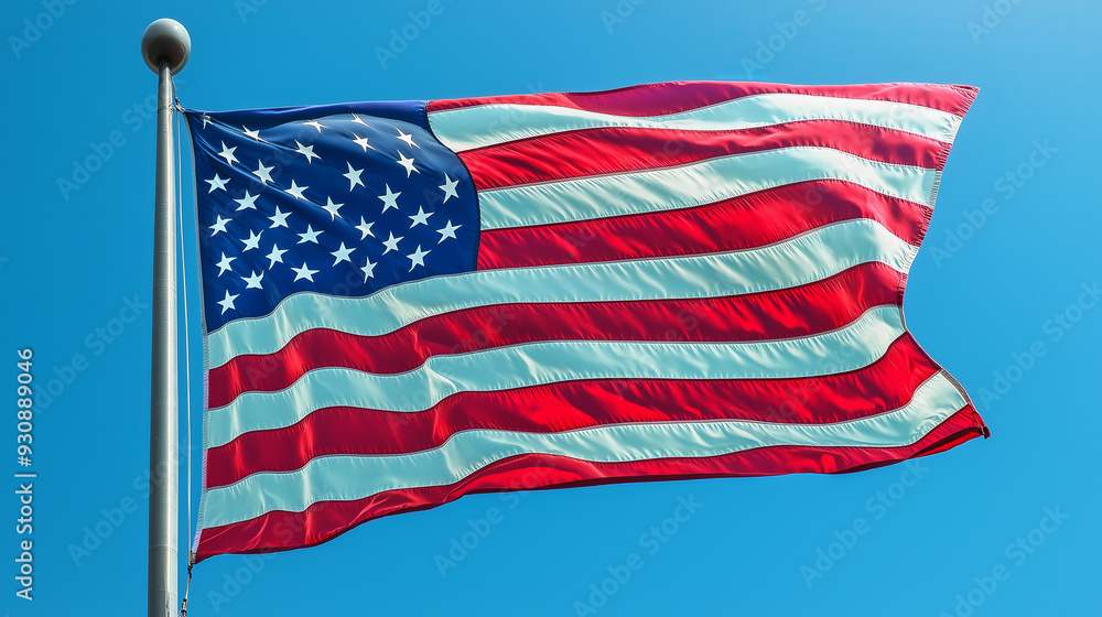 Obraz premium American flag waving in the wind against a bright blue sky.