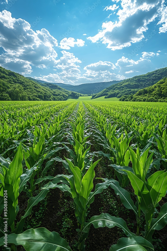 A vibrant green cornfield under a bright blue sky with scattered clouds, captured in a wideangle shot A vibrant green cornfield under a bright blue sky with scattered clouds, captured in a wideangle shot
