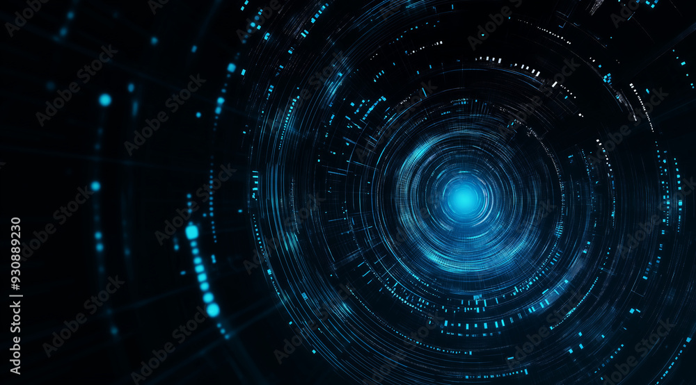 Abstract Blue and Black Digital Tunnel with Glowing Circles. Abstract Blue and Black Digital Tunnel with Glowing Circles.