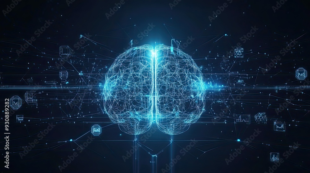 Obraz premium Abstract AI brain design with luminous lines and tech symbols