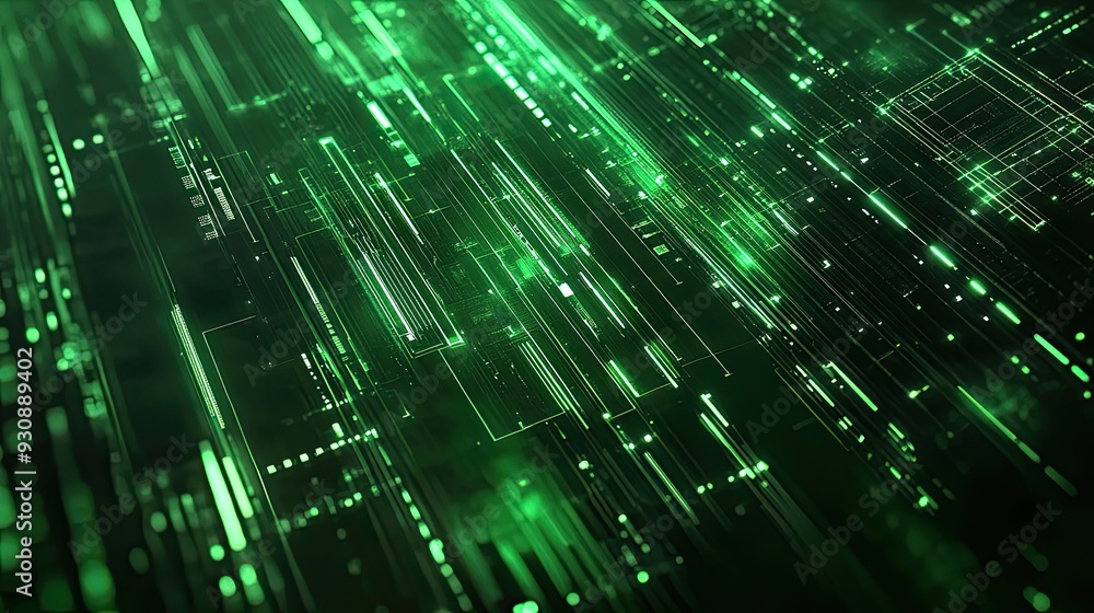 Obraz premium Abstract green tech wallpaper with luminous lines and tech textures