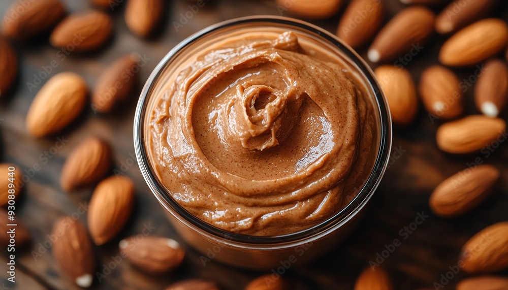 Almond butter in a glass bowl, surrounded by whole almonds on a rustic wooden surface Almond butter in a glass bowl, surrounded by whole almonds on a rustic wooden surface