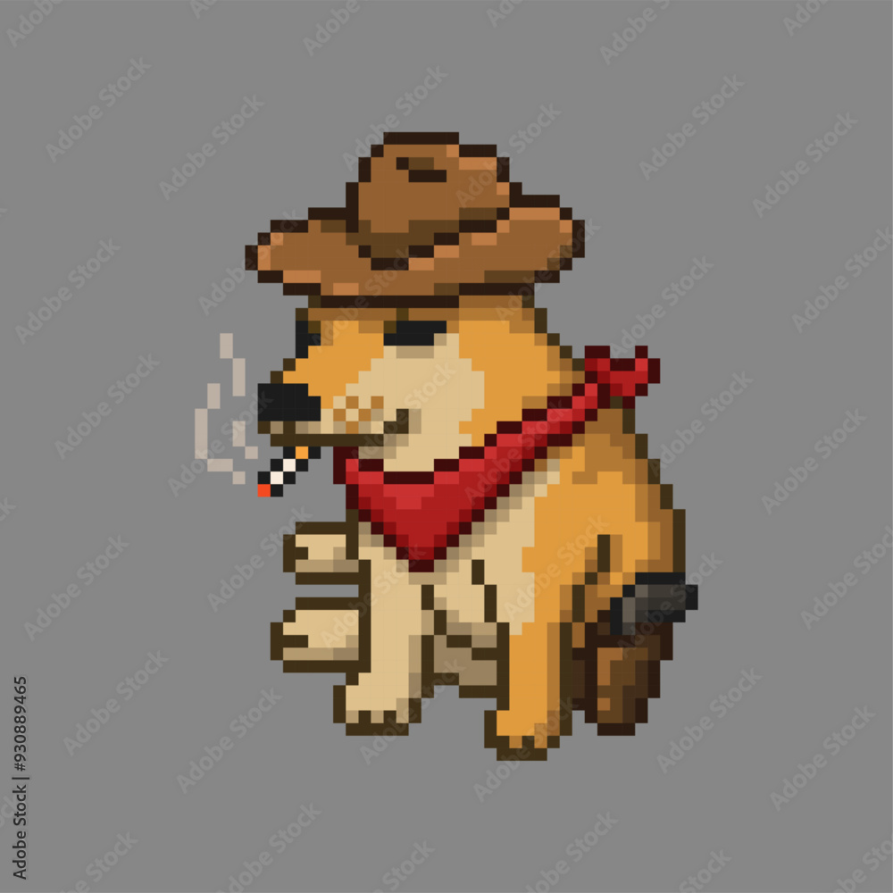 Fototapeta premium Dog dressed as a cowboy, pixel art meme
