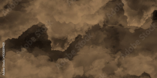 Abstract light and dark brown clouds over the fog and smoke hover in the sky like a hazy morning mist, modern dark and dramatic brown smoke clouds in the sky grunge black background with copy space.