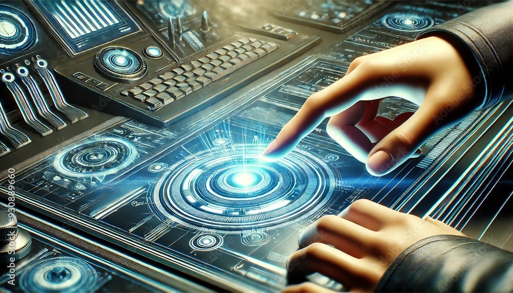 Person Pushing a Futuristic Button on Computer. Generative AI Person Pushing a Futuristic Button on Computer. Generative AI