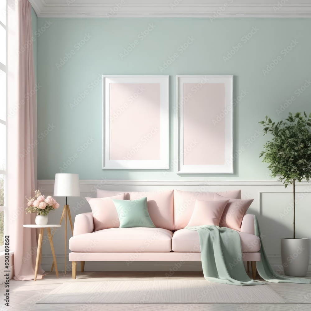 Mockup plain white frame in interior background, room with light pastel colors, 3d rendering Mockup plain white frame in interior background, room with light pastel colors, 3d rendering