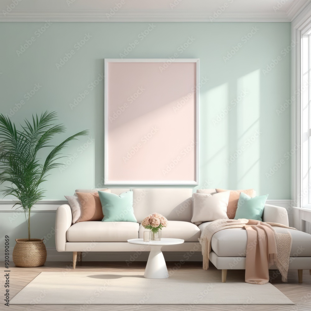 Mockup plain white frame in interior background, room with light pastel colors, 3d rendering Mockup plain white frame in interior background, room with light pastel colors, 3d rendering
