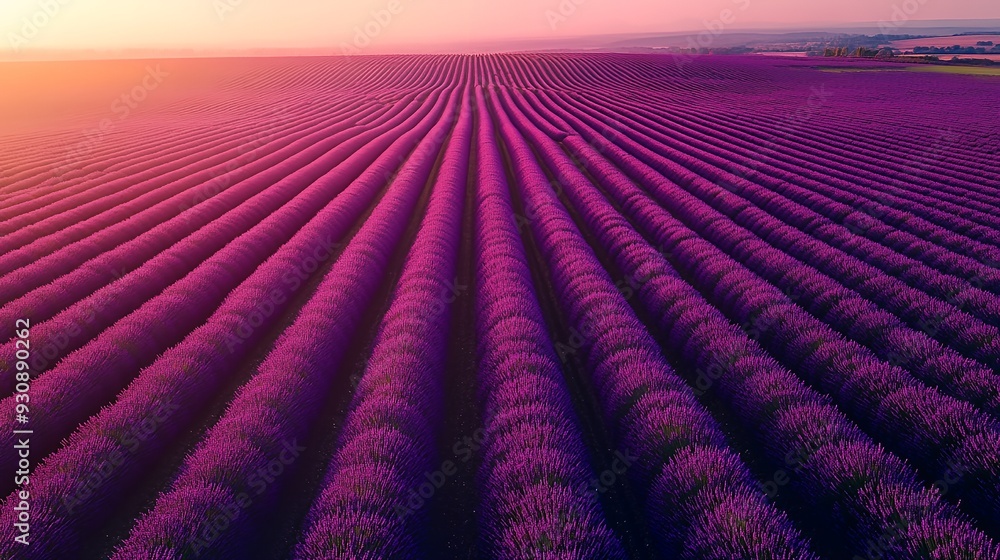 Fototapeta premium Lavender field in bloom stretches towards the horizon under a warm golden sunset sky.