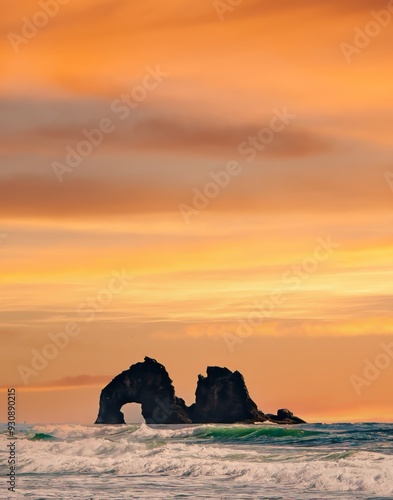 Twin rocks, two massive rock outcroppings on the north Oregon coastline at Rockaway beach photo