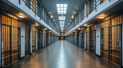 Wallpaper Mural Long, empty prison corridor with barred cells and bright lights. Torontodigital.ca