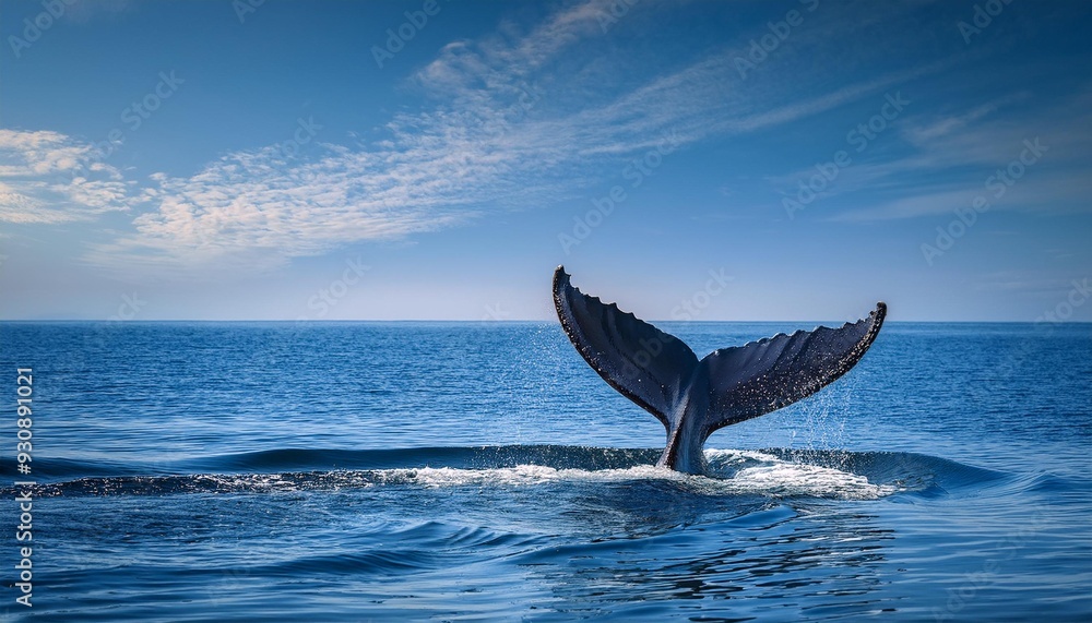 Fototapeta premium A humpback whale's fluke disappearing into the water, with a serene, cloudless sky above, le
