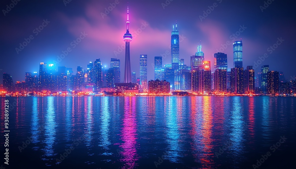 Nighttime city skyline, skyscrapers illuminated with vibrant neon lights