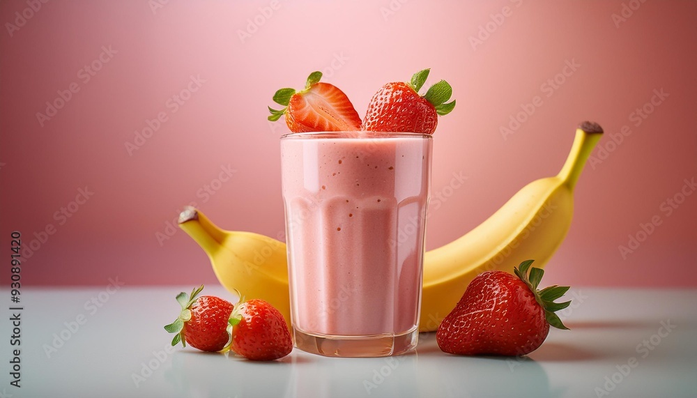 A perfectly smooth strawberry and banana smoothie in a clear glass, placed in the center of A perfectly smooth strawberry and banana smoothie in a clear glass, placed in the center of