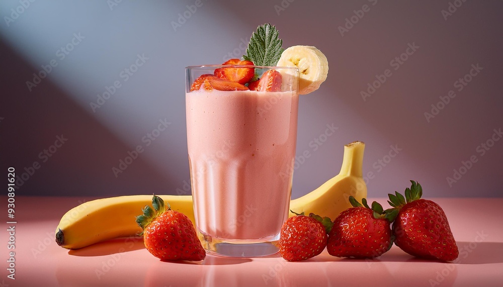 A transparent glass brimming with a thick, creamy strawberry and banana smoothie, with small A transparent glass brimming with a thick, creamy strawberry and banana smoothie, with small