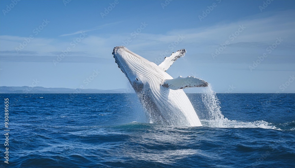 Fototapeta premium A whale breaching, captured mid-air with its massive body dripping water, set against a mini