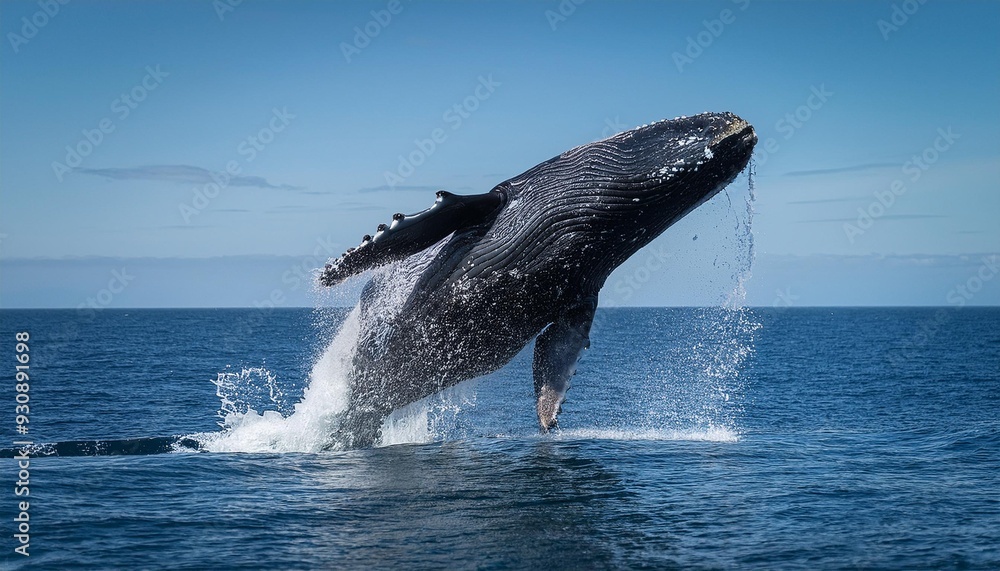 Fototapeta premium A whale breaching, captured mid-air with its massive body dripping water, set against a mini