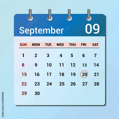 vector page of September month calendar and highlighted date September 1