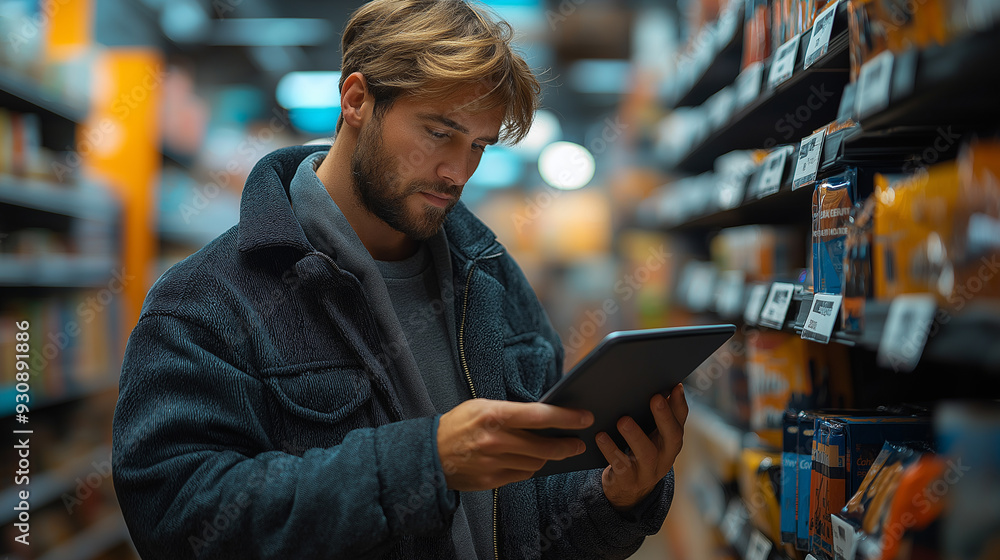 A man is looking at a tablet in a store. He is wearing a black jacket and has a beard A man is looking at a tablet in a store. He is wearing a black jacket and has a beard