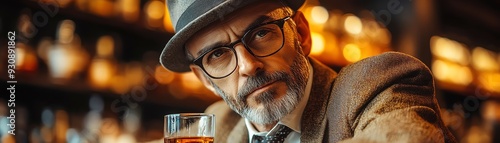 Sternfaced gentleman in vintage attire, seated at a bar with a glass of whiskey, warm golden lighting, shallow depth of field photo