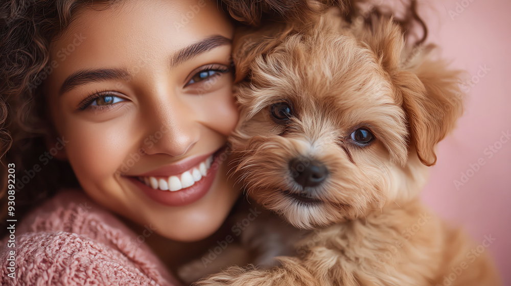 Young woman hugging a small puppy, both smiling, pink background, studio lighting Young woman hugging a small puppy, both smiling, pink background, studio lighting