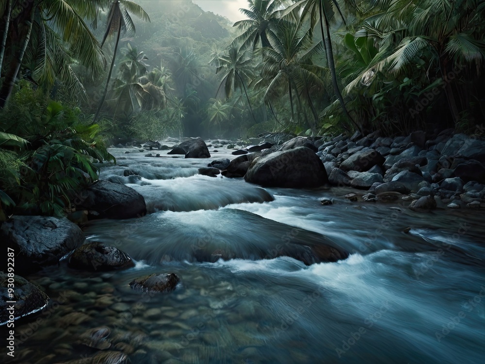 Crystal-clear water cascades over mossy rocks, creating a mesmerizing waterfall amidst lush green rainforest Crystal-clear water cascades over mossy rocks, creating a mesmerizing waterfall amidst lush green rainforest