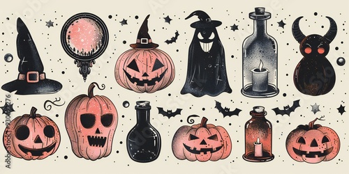 Trendy Halloween Elements in Pink and Dark Red photo