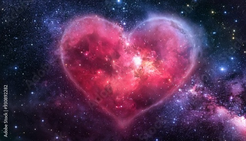 Vivid red and pink heart nebula with bright, golden stars gently scattered around. The backg