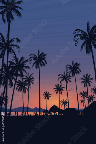 Silhouetted coconut palm trees at the beach with twilight sky vertical background graphic illustration have blank space.