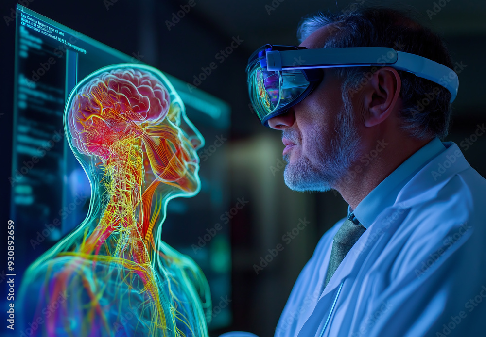 A doctor wearing VR glasses examines a holographic human anatomy. A doctor wearing VR glasses examines a holographic human anatomy.