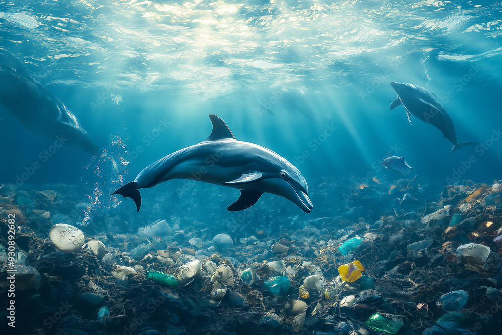 Fototapeta premium Dolphins Swim Through Plastic Ocean.