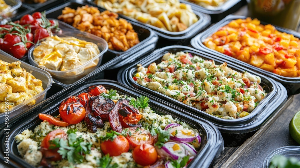 A variety of catered meals in containers, with ample space around for copy A variety of catered meals in containers, with ample space around for copy