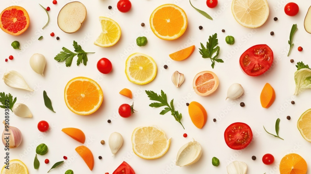 Abstract food pattern with a variety of ingredients on a neutral background, perfect for text overlays. Abstract food pattern with a variety of ingredients on a neutral background, perfect for text overlays.