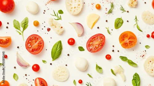 Abstract food pattern with a variety of ingredients on a neutral background, perfect for text overlays.