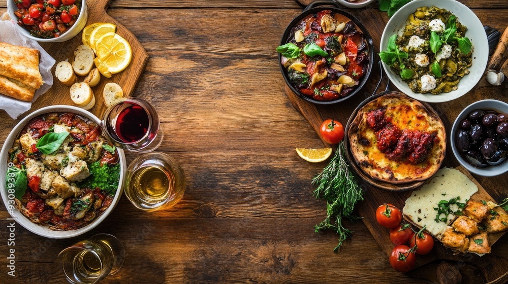 An assortment of Italian wines and gourmet dishes on a wooden table, with space for copy An assortment of Italian wines and gourmet dishes on a wooden table, with space for copy