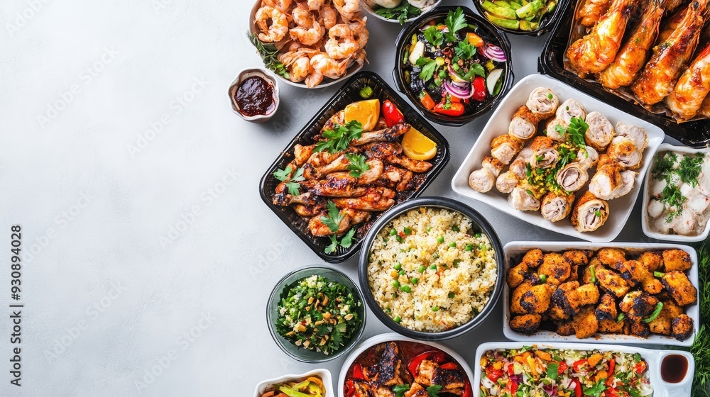 Fototapeta premium An image of a catering delivery with various dishes, with ample copy space