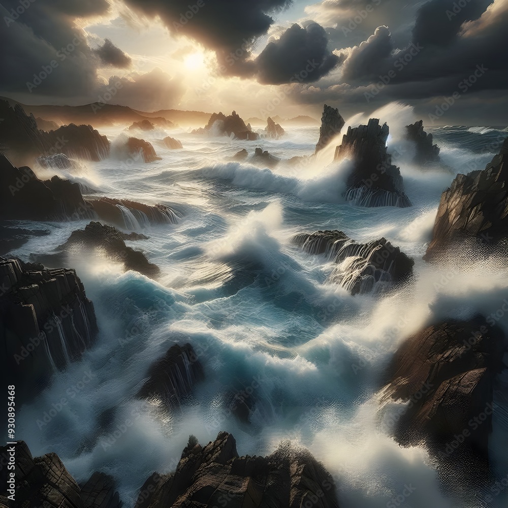 Fototapeta premium Dramatic Ocean Waves Crashing on Rocks
