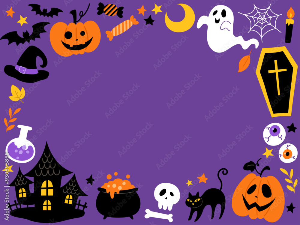手描きのハロウィン囲みフレーム紫背景_ベクターイラスト 手描きのハロウィン囲みフレーム紫背景_ベクターイラスト