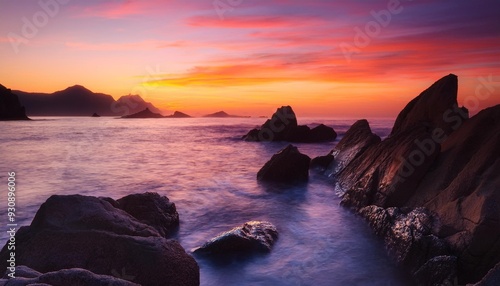 early morning seascape over rocks with silhouetted coastline and colourful dawn sky