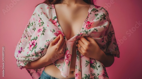 Midsection of woman holding pink floral fabric