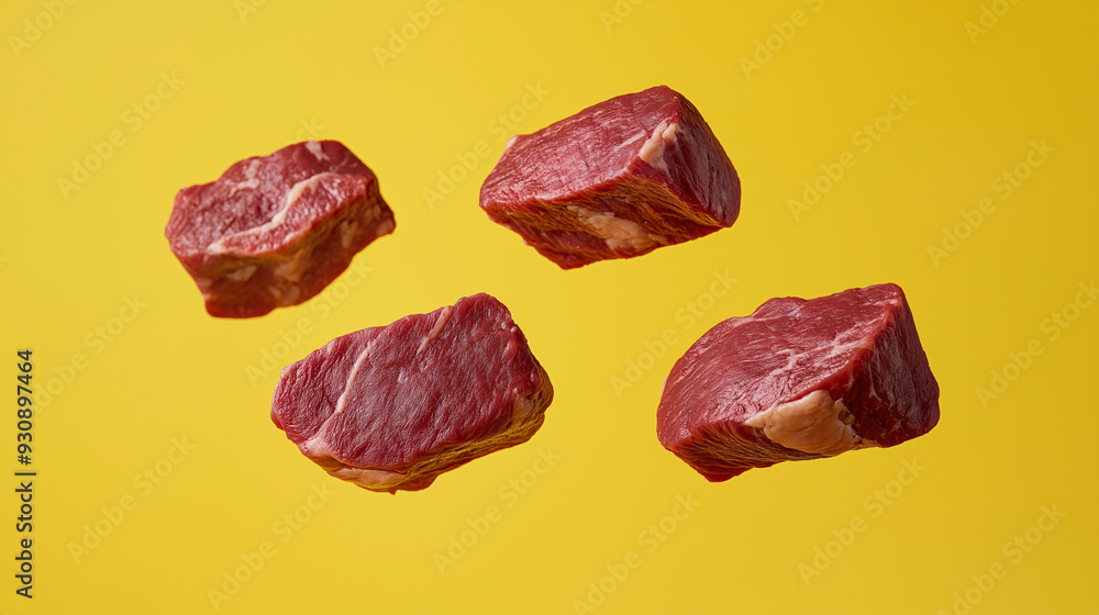 Obraz premium Raw Beef Steaks Floating Against a Yellow Background Highlighting Freshness and Quality